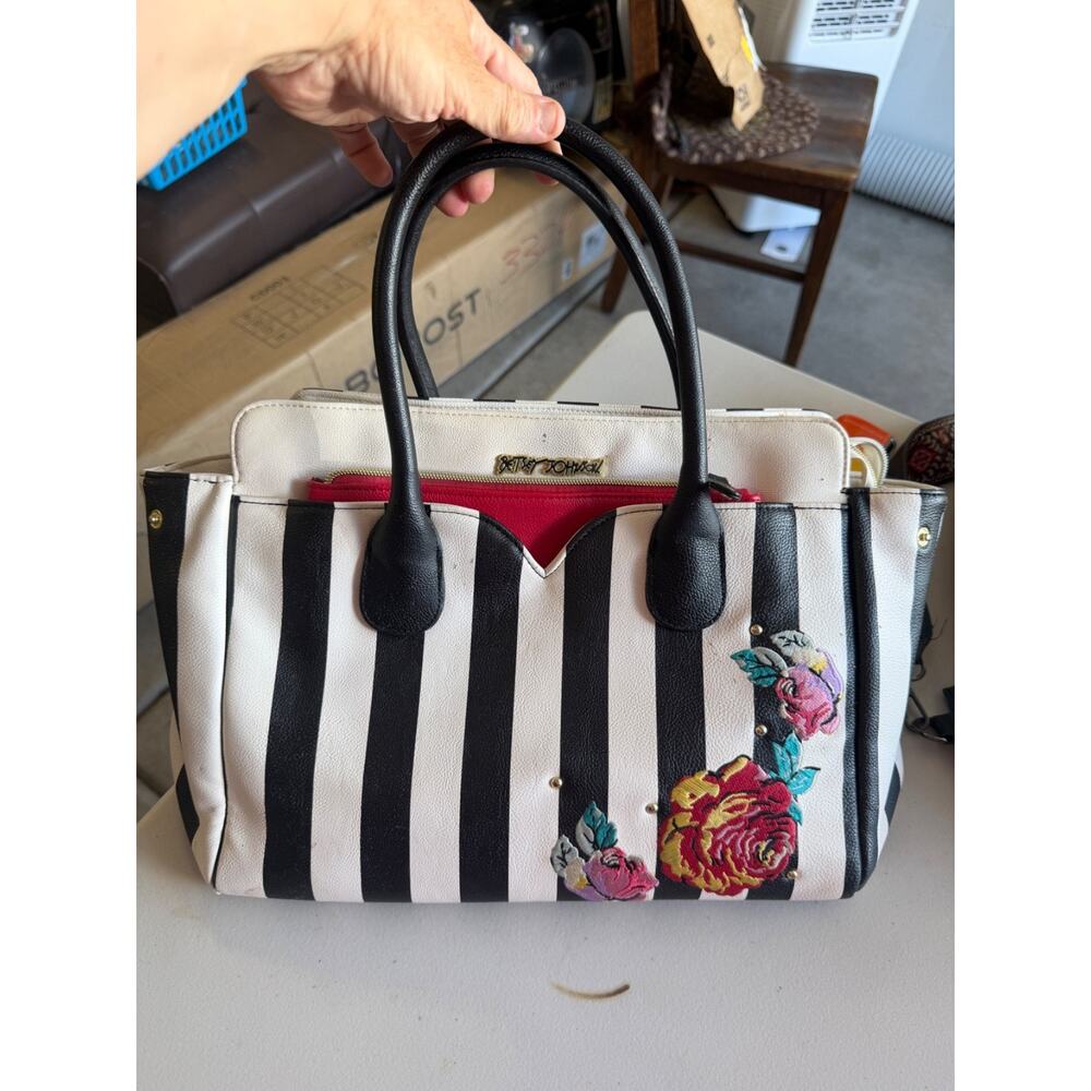 Black & White Stripped, Floral Patches, Betsey Johnson Tote Bag, Handbag & Purse - Picture 2 of 12